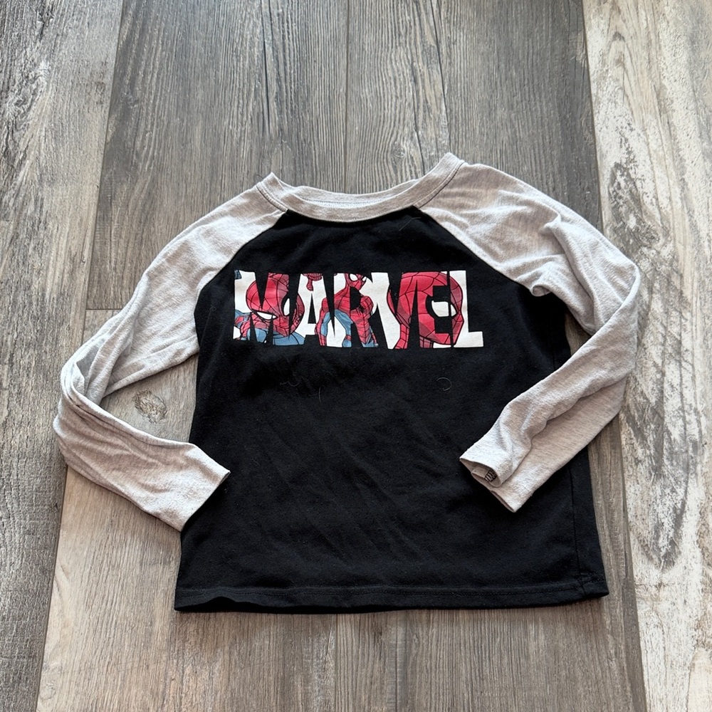 Marvel Black Tee with Gray Sleeves and Red Graphic